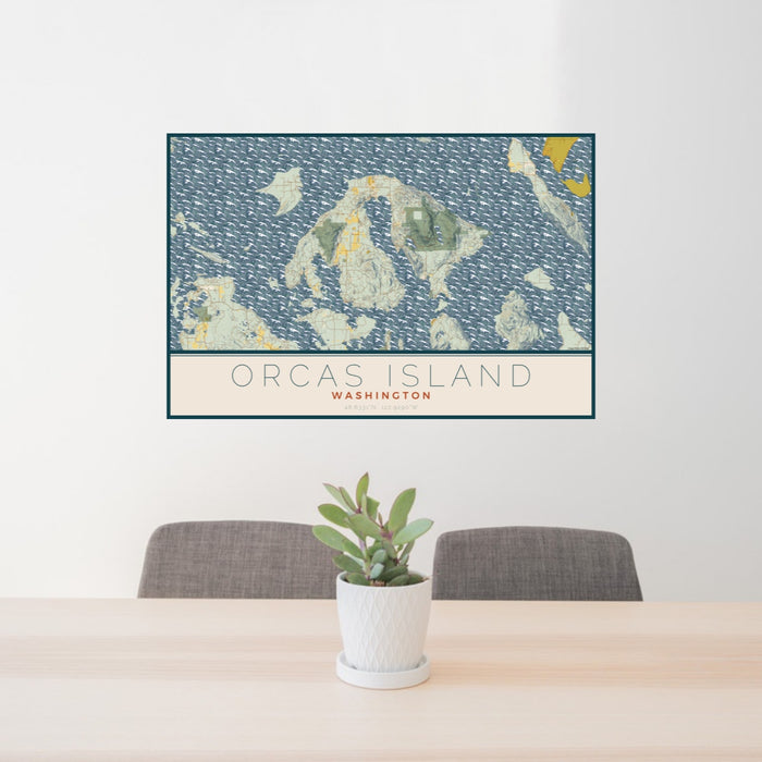 24x36 Orcas Island Washington Map Print Landscape Orientation in Woodblock Style Behind 2 Chairs Table and Potted Plant