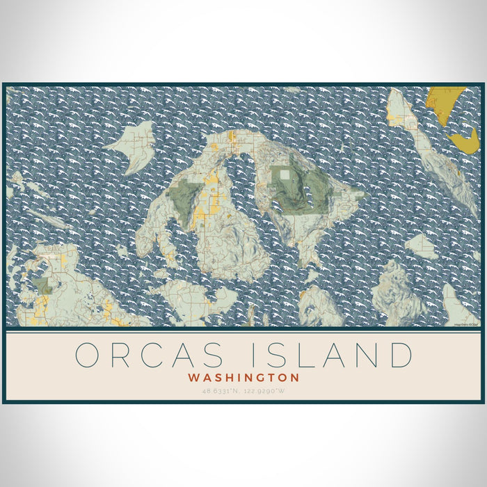 Orcas Island Washington Map Print Landscape Orientation in Woodblock Style With Shaded Background