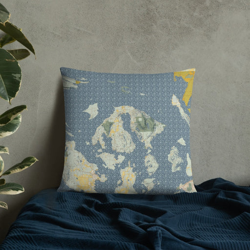 Custom Orcas Island Washington Map Throw Pillow in Woodblock on Bedding Against Wall