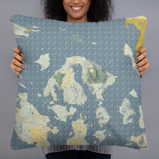 Person holding 22x22 Custom Orcas Island Washington Map Throw Pillow in Woodblock