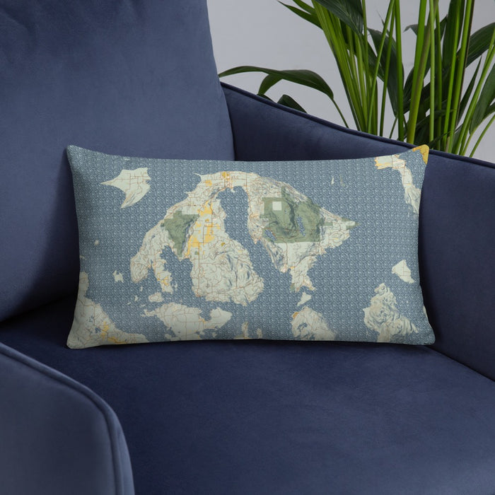Custom Orcas Island Washington Map Throw Pillow in Woodblock on Blue Colored Chair