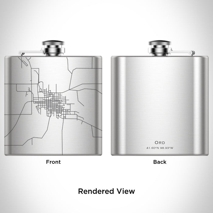 Rendered View of Ord Nebraska Map Engraving on 6oz Stainless Steel Flask