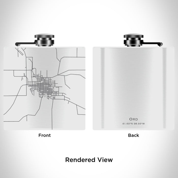 Rendered View of Ord Nebraska Map Engraving on 6oz Stainless Steel Flask in White