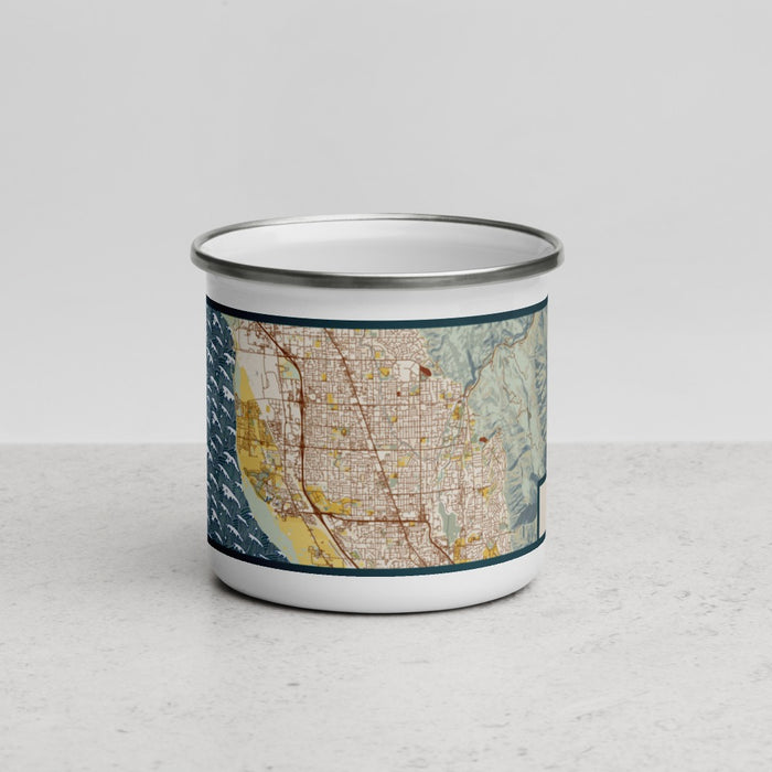 Front View Custom Orem Utah Map Enamel Mug in Woodblock