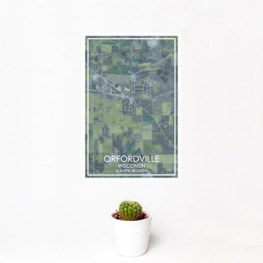 12x18 Orfordville Wisconsin Map Print Portrait Orientation in Afternoon Style With Small Cactus Plant in White Planter