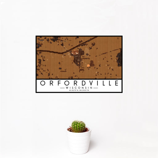 12x18 Orfordville Wisconsin Map Print Landscape Orientation in Ember Style With Small Cactus Plant in White Planter
