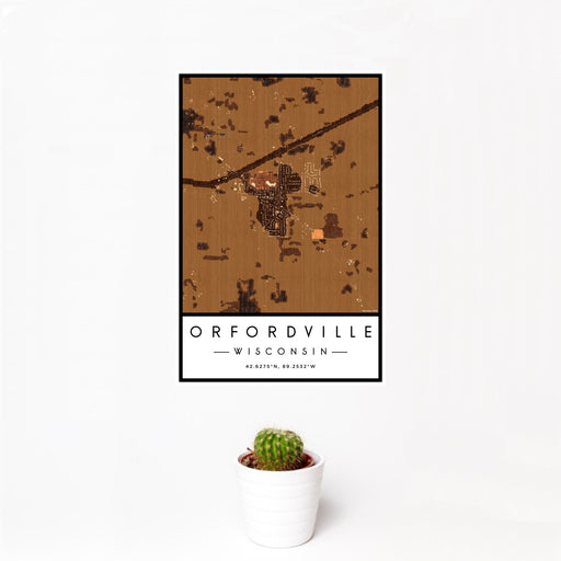 12x18 Orfordville Wisconsin Map Print Portrait Orientation in Ember Style With Small Cactus Plant in White Planter