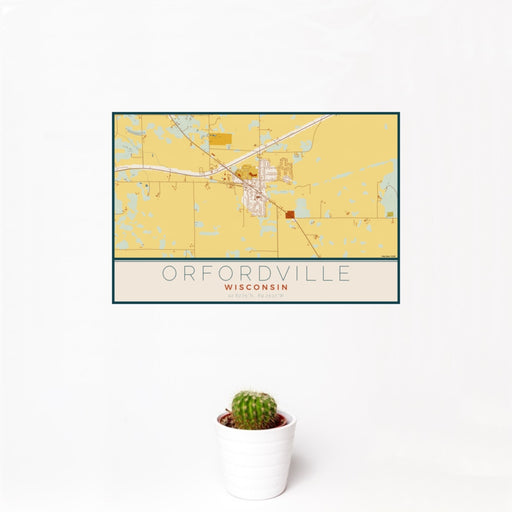 12x18 Orfordville Wisconsin Map Print Landscape Orientation in Woodblock Style With Small Cactus Plant in White Planter