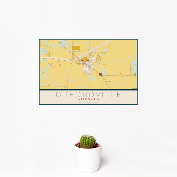 12x18 Orfordville Wisconsin Map Print Landscape Orientation in Woodblock Style With Small Cactus Plant in White Planter