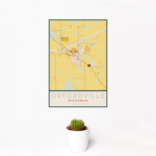 12x18 Orfordville Wisconsin Map Print Portrait Orientation in Woodblock Style With Small Cactus Plant in White Planter