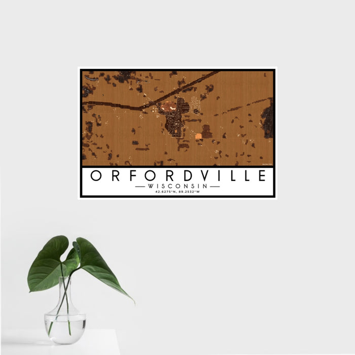 16x24 Orfordville Wisconsin Map Print Landscape Orientation in Ember Style With Tropical Plant Leaves in Water