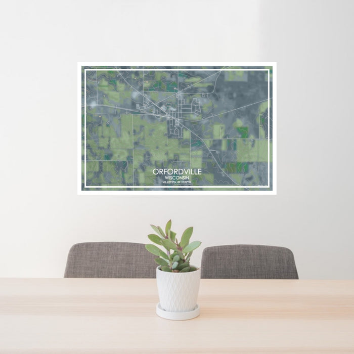 24x36 Orfordville Wisconsin Map Print Lanscape Orientation in Afternoon Style Behind 2 Chairs Table and Potted Plant