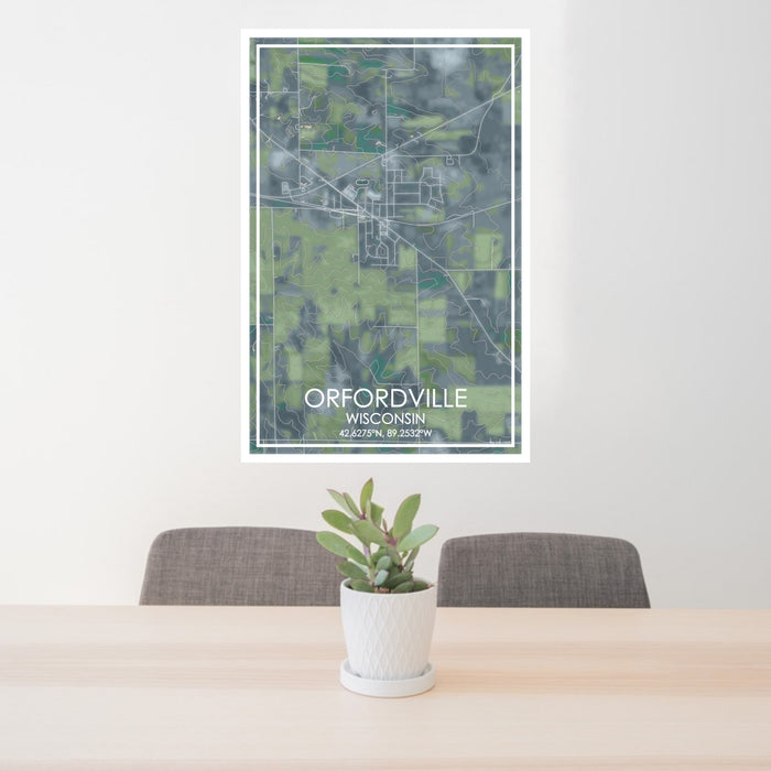 24x36 Orfordville Wisconsin Map Print Portrait Orientation in Afternoon Style Behind 2 Chairs Table and Potted Plant