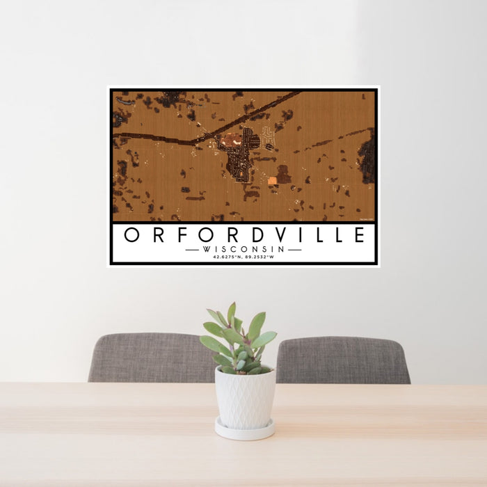 24x36 Orfordville Wisconsin Map Print Lanscape Orientation in Ember Style Behind 2 Chairs Table and Potted Plant