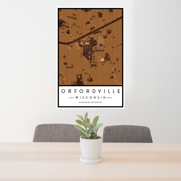 24x36 Orfordville Wisconsin Map Print Portrait Orientation in Ember Style Behind 2 Chairs Table and Potted Plant