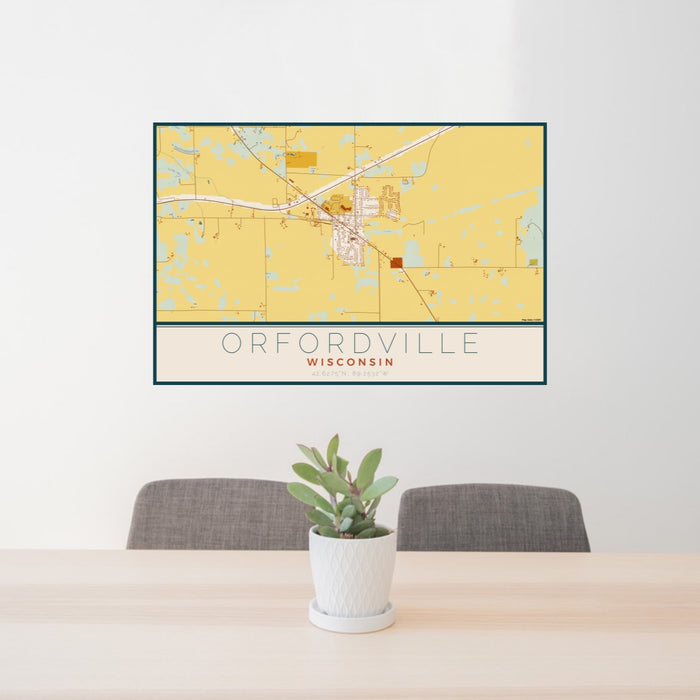 24x36 Orfordville Wisconsin Map Print Lanscape Orientation in Woodblock Style Behind 2 Chairs Table and Potted Plant