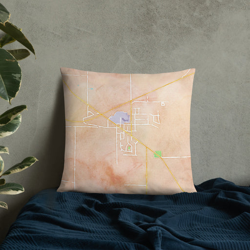 Custom Orfordville Wisconsin Map Throw Pillow in Watercolor on Bedding Against Wall