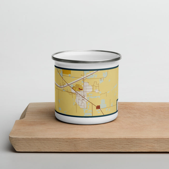 Front View Custom Orfordville Wisconsin Map Enamel Mug in Woodblock on Cutting Board
