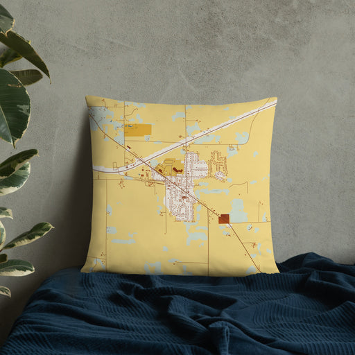 Custom Orfordville Wisconsin Map Throw Pillow in Woodblock on Bedding Against Wall