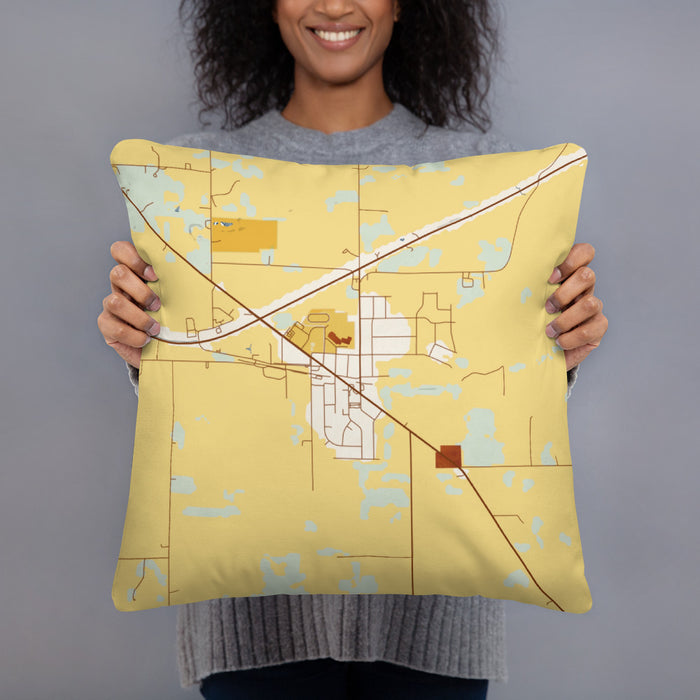 Person holding 18x18 Custom Orfordville Wisconsin Map Throw Pillow in Woodblock