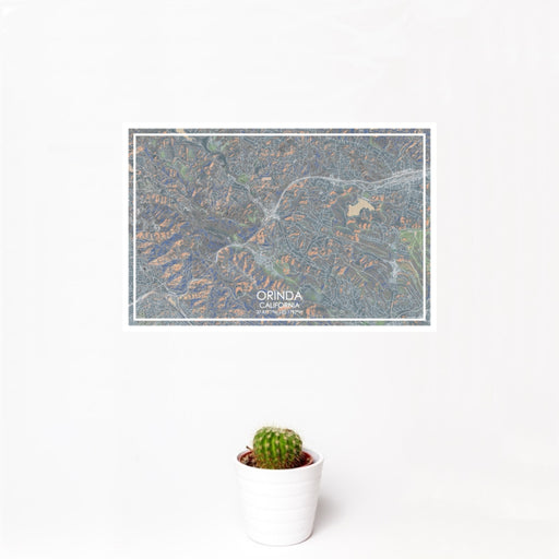 12x18 Orinda California Map Print Landscape Orientation in Afternoon Style With Small Cactus Plant in White Planter