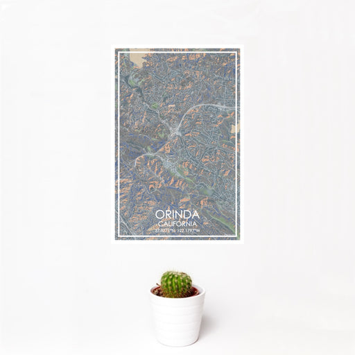 12x18 Orinda California Map Print Portrait Orientation in Afternoon Style With Small Cactus Plant in White Planter