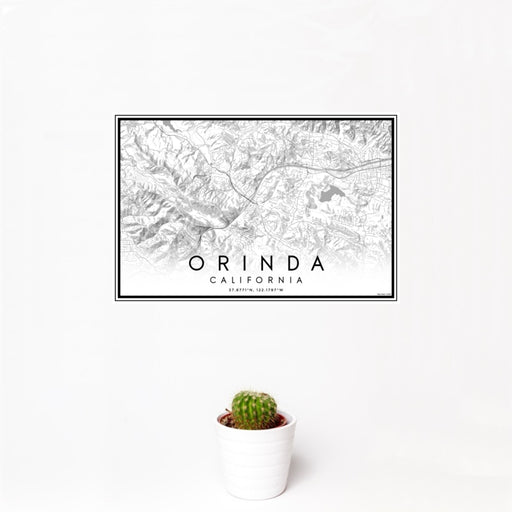 12x18 Orinda California Map Print Landscape Orientation in Classic Style With Small Cactus Plant in White Planter