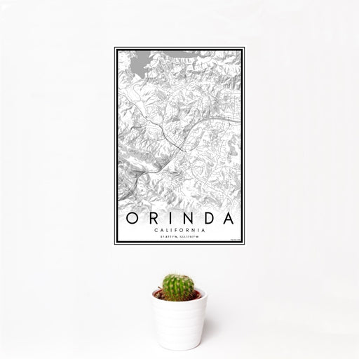 12x18 Orinda California Map Print Portrait Orientation in Classic Style With Small Cactus Plant in White Planter