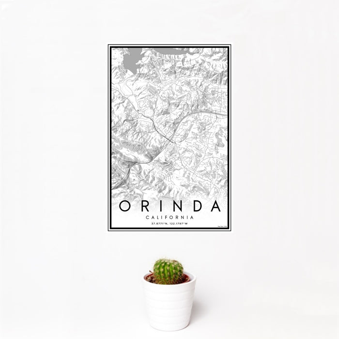12x18 Orinda California Map Print Portrait Orientation in Classic Style With Small Cactus Plant in White Planter