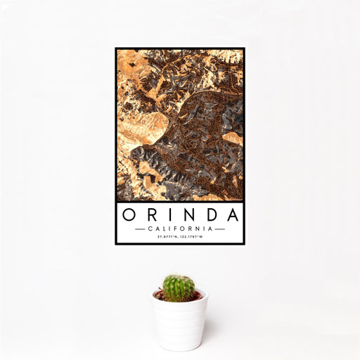 12x18 Orinda California Map Print Portrait Orientation in Ember Style With Small Cactus Plant in White Planter