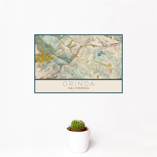 12x18 Orinda California Map Print Landscape Orientation in Woodblock Style With Small Cactus Plant in White Planter