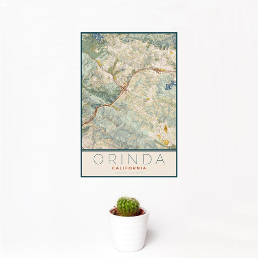 12x18 Orinda California Map Print Portrait Orientation in Woodblock Style With Small Cactus Plant in White Planter