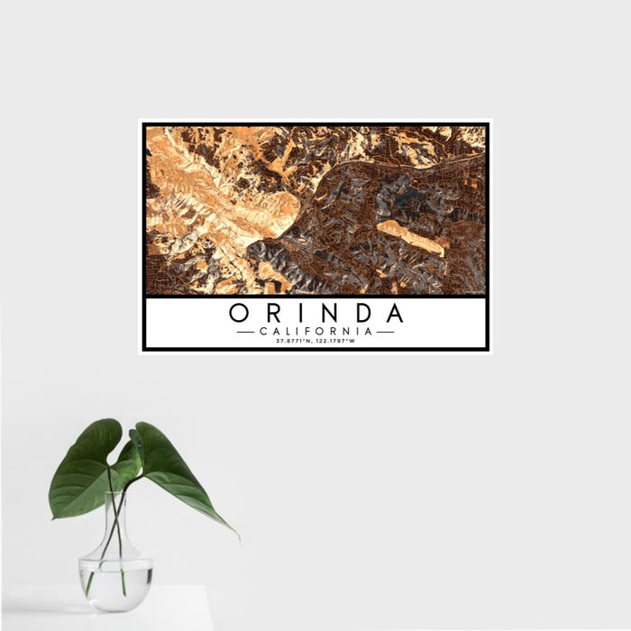 16x24 Orinda California Map Print Landscape Orientation in Ember Style With Tropical Plant Leaves in Water