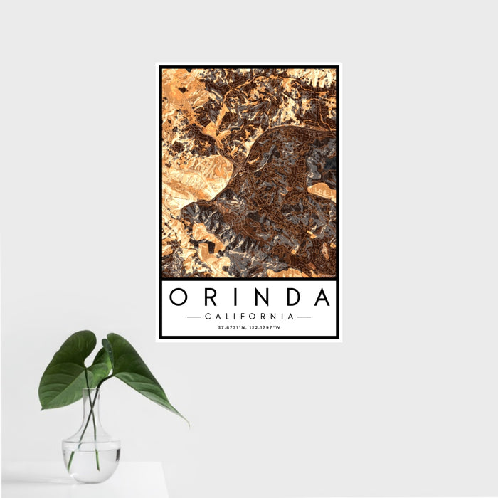 16x24 Orinda California Map Print Portrait Orientation in Ember Style With Tropical Plant Leaves in Water