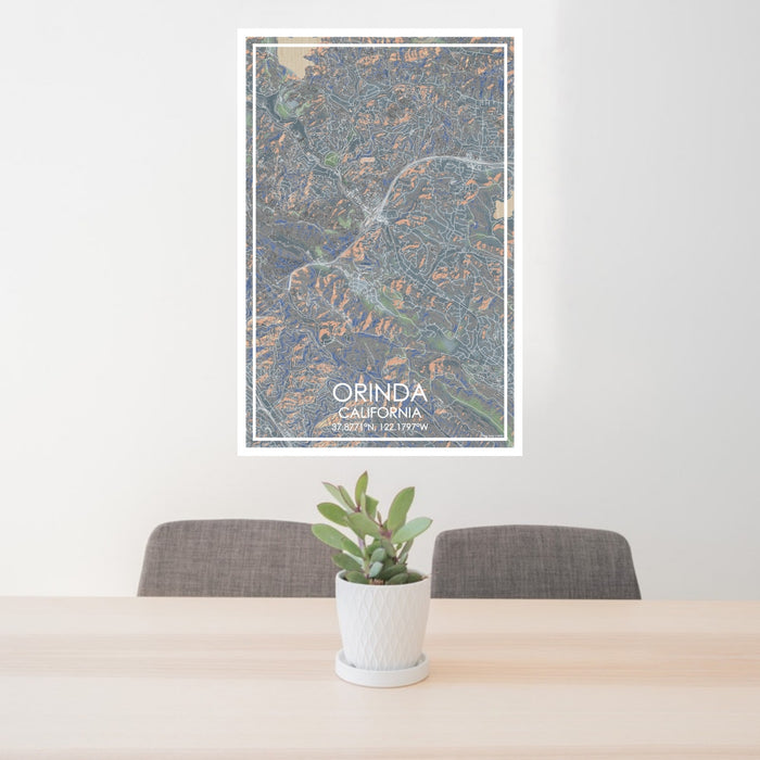 24x36 Orinda California Map Print Portrait Orientation in Afternoon Style Behind 2 Chairs Table and Potted Plant
