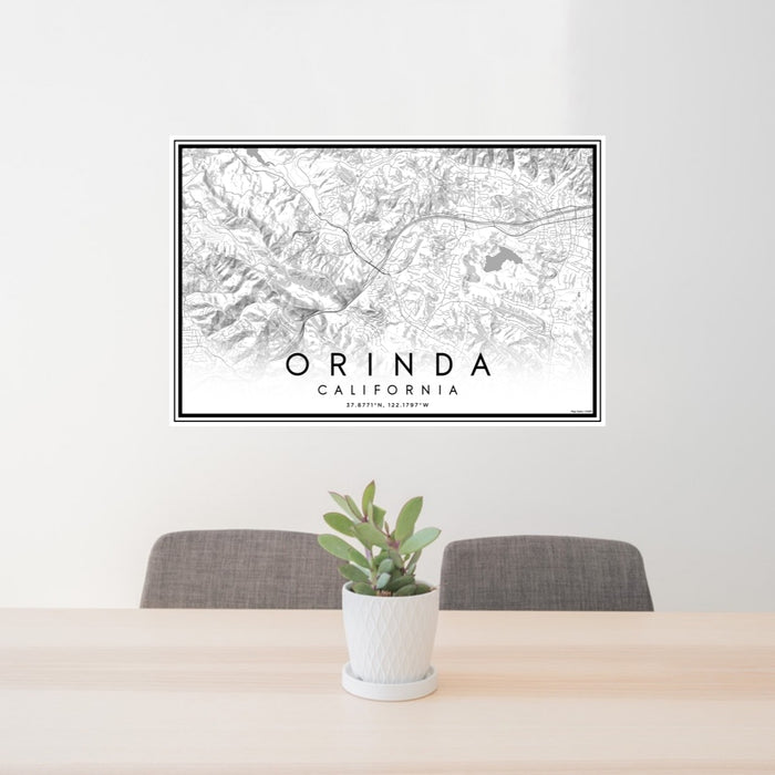 24x36 Orinda California Map Print Lanscape Orientation in Classic Style Behind 2 Chairs Table and Potted Plant