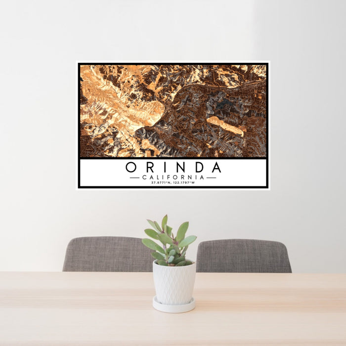 24x36 Orinda California Map Print Lanscape Orientation in Ember Style Behind 2 Chairs Table and Potted Plant