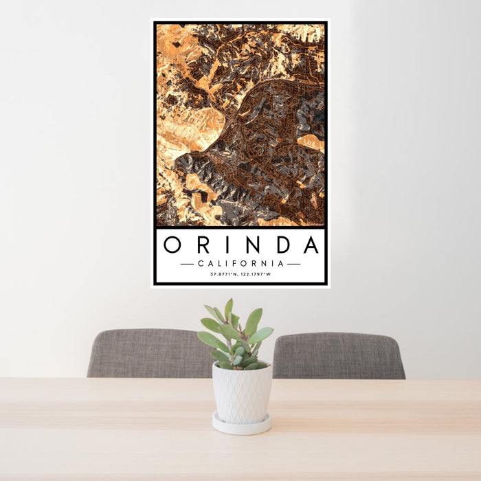24x36 Orinda California Map Print Portrait Orientation in Ember Style Behind 2 Chairs Table and Potted Plant