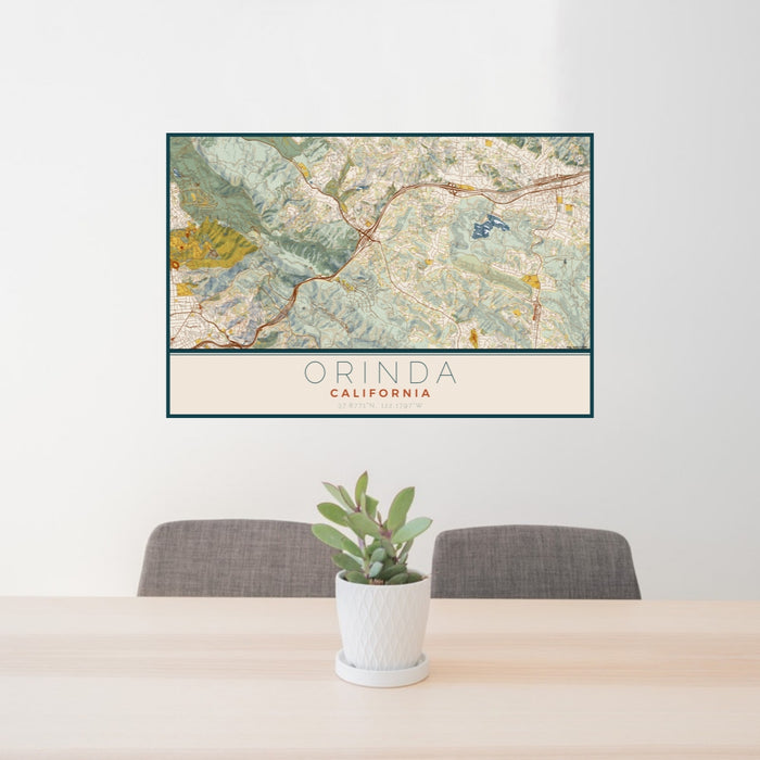 24x36 Orinda California Map Print Lanscape Orientation in Woodblock Style Behind 2 Chairs Table and Potted Plant