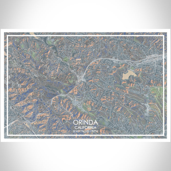 Orinda California Map Print Landscape Orientation in Afternoon Style With Shaded Background
