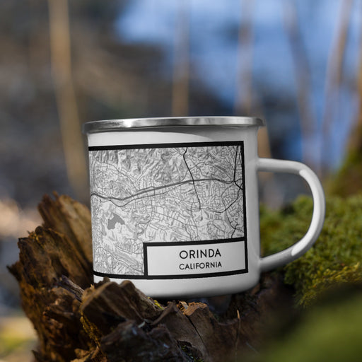 Right View Custom Orinda California Map Enamel Mug in Classic on Grass With Trees in Background