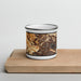 Front View Custom Orinda California Map Enamel Mug in Ember on Cutting Board