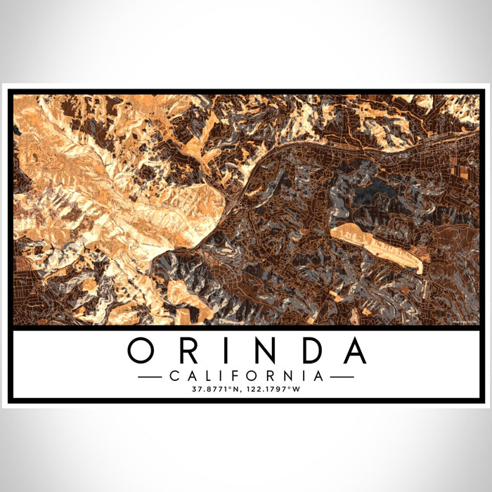 Orinda California Map Print Landscape Orientation in Ember Style With Shaded Background