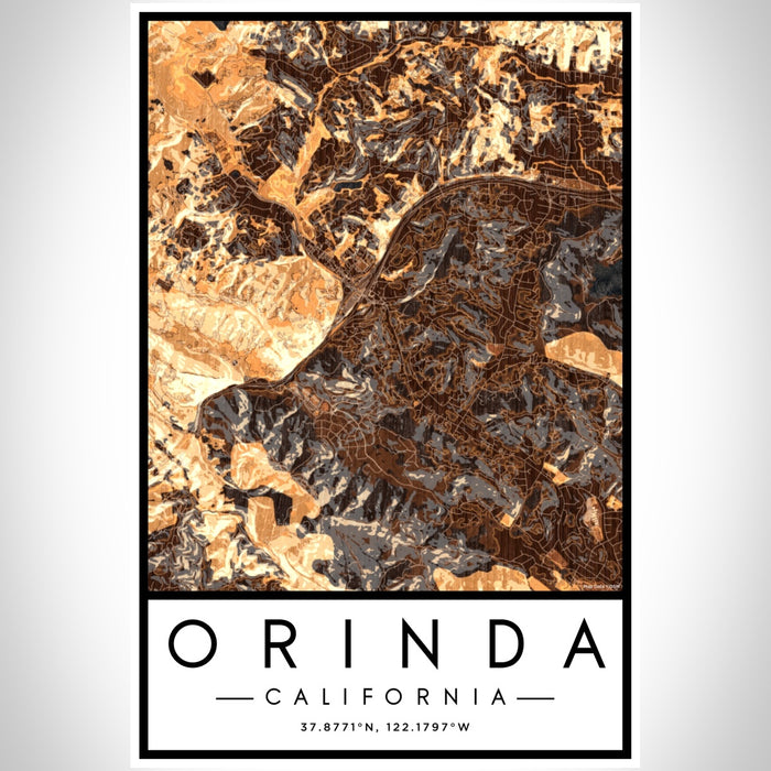 Orinda California Map Print Portrait Orientation in Ember Style With Shaded Background