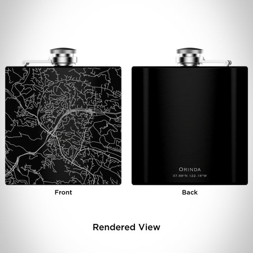 Rendered View of Orinda California Map Engraving on 6oz Stainless Steel Flask in Black