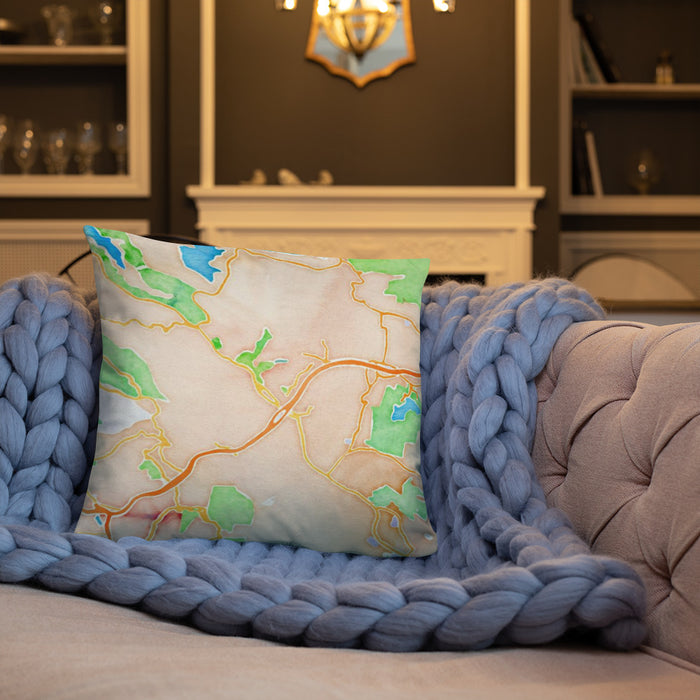 Custom Orinda California Map Throw Pillow in Watercolor on Cream Colored Couch