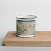 Front View Custom Orinda California Map Enamel Mug in Woodblock on Cutting Board