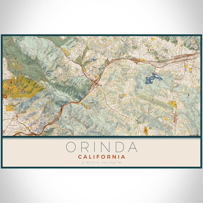 Orinda California Map Print Landscape Orientation in Woodblock Style With Shaded Background