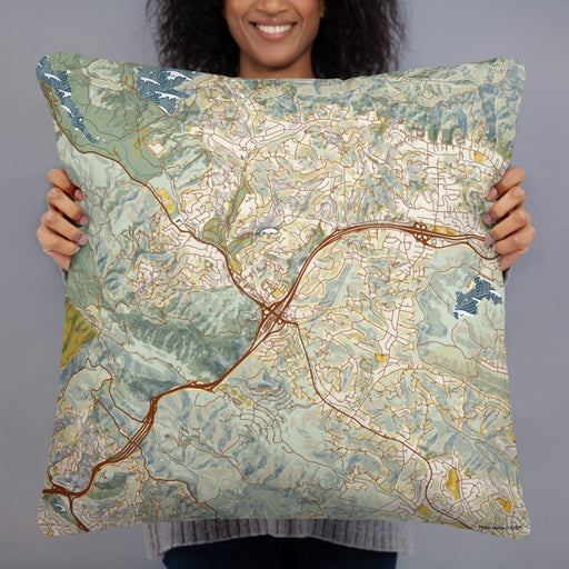 Person holding 22x22 Custom Orinda California Map Throw Pillow in Woodblock