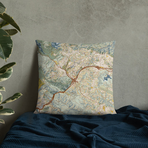 Custom Orinda California Map Throw Pillow in Woodblock on Bedding Against Wall